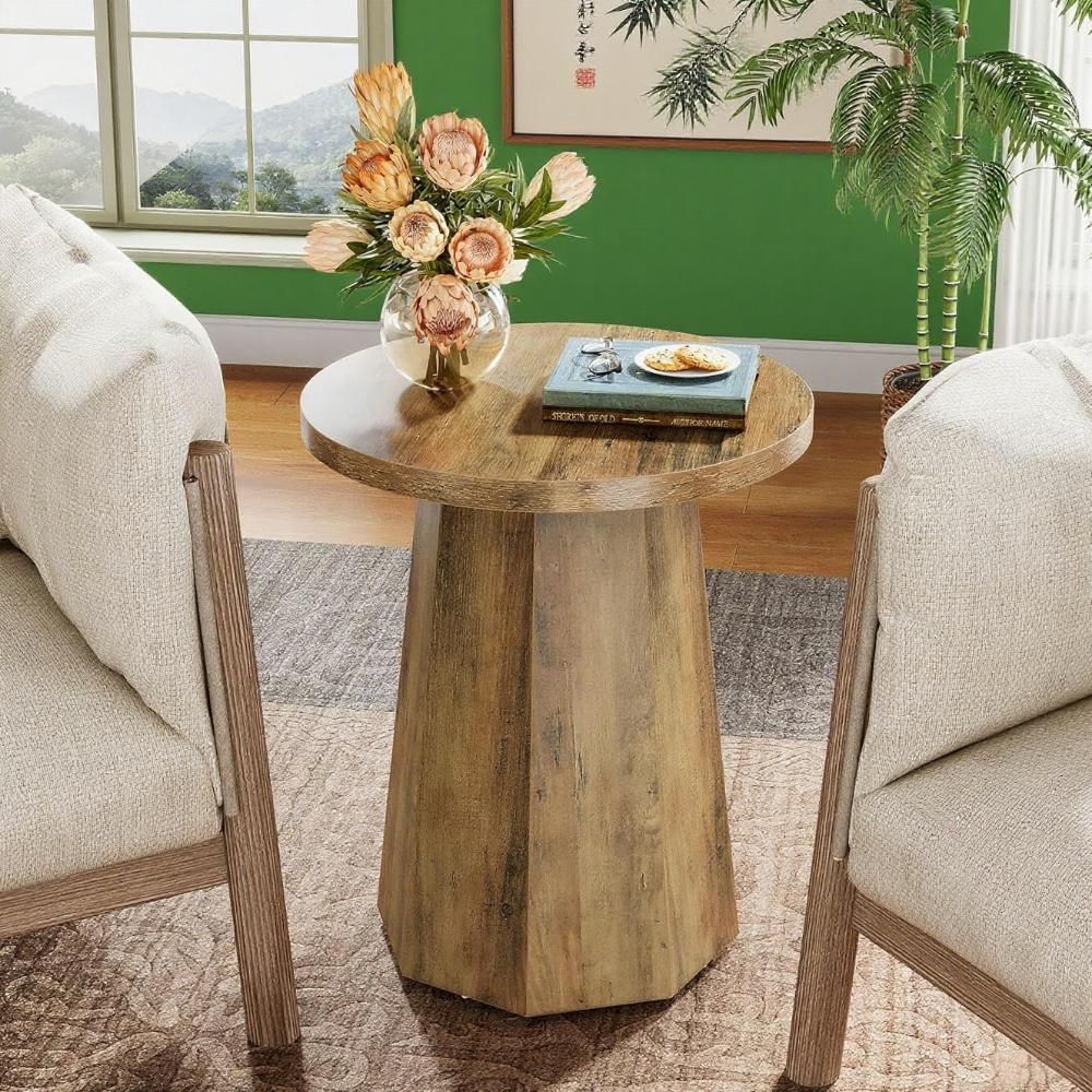 Handmade Round Pedestal Side Table | Natural Wood Finish | Rustic Modern Accent Table