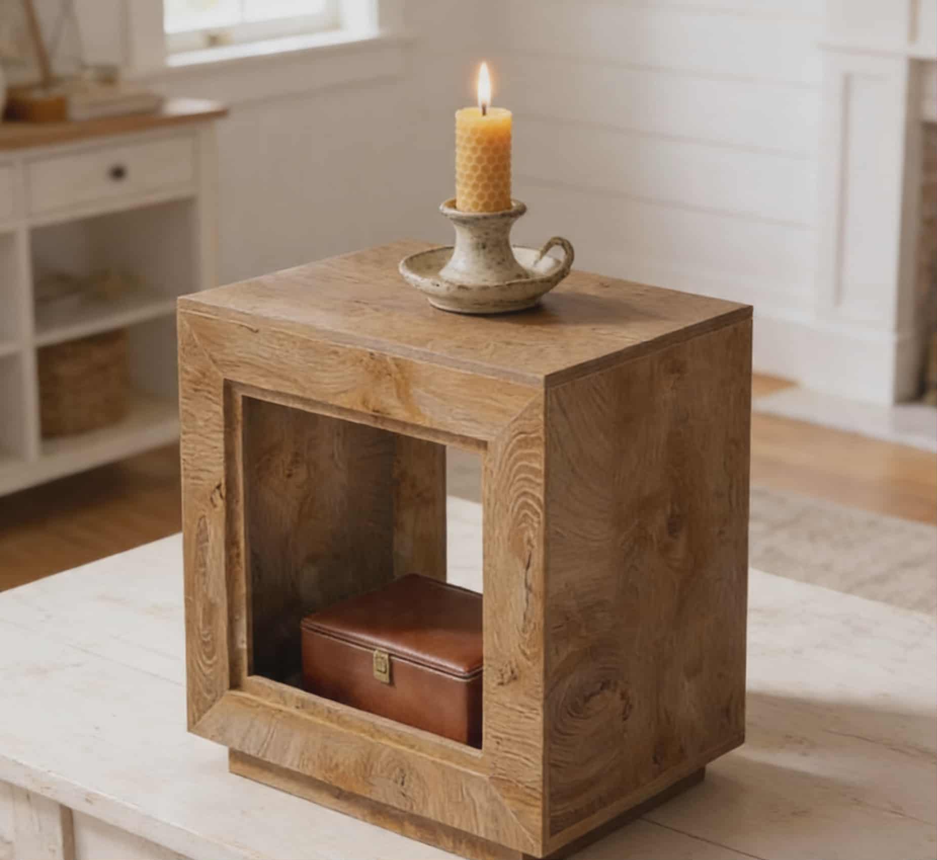 Handcrafted Cube Side Table with Open Shelf - Natural Wood Finish | Modern Rustic Accent Table