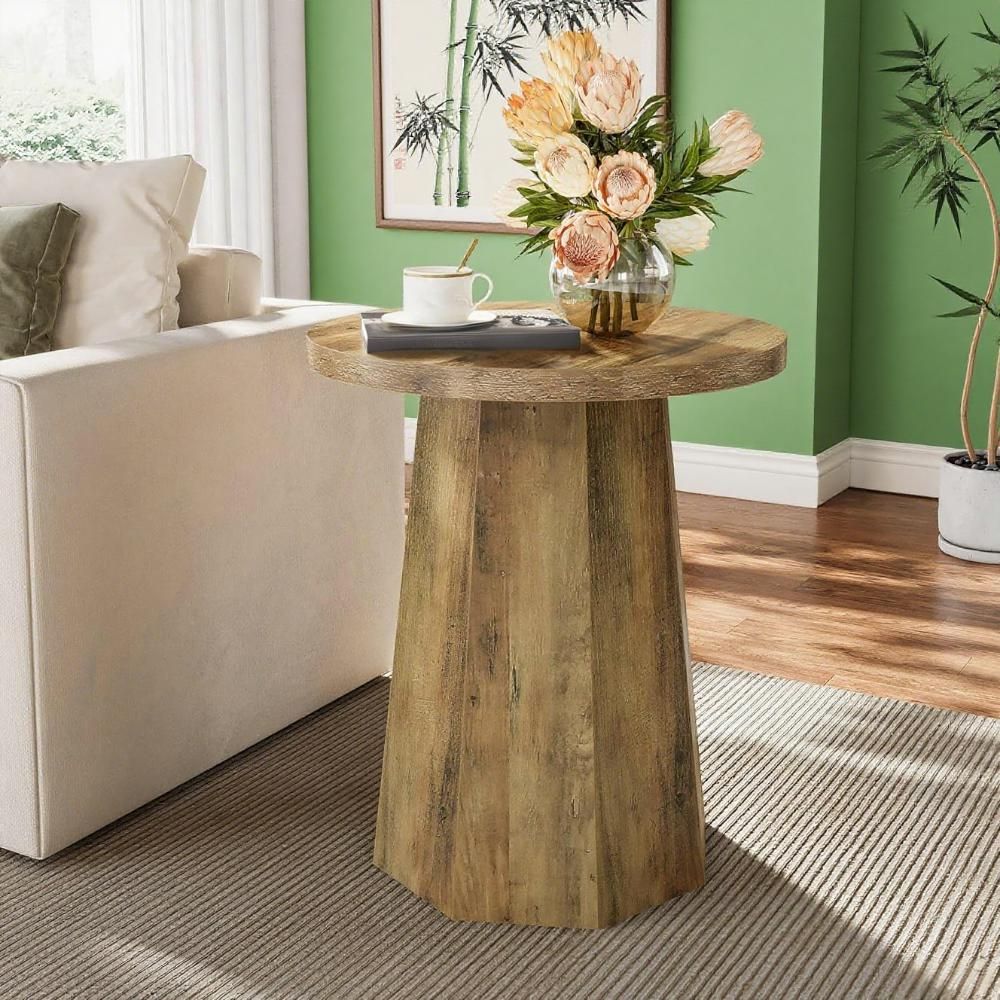 Handmade Round Pedestal Side Table | Natural Wood Finish | Rustic Modern Accent Table