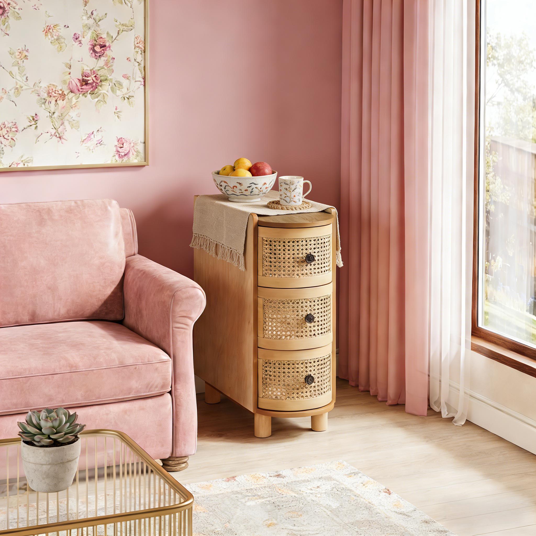 Handcrafted Rattan Drawer Cabinet | Natural Wood Accent Chest | Boho Modern Storage Unit