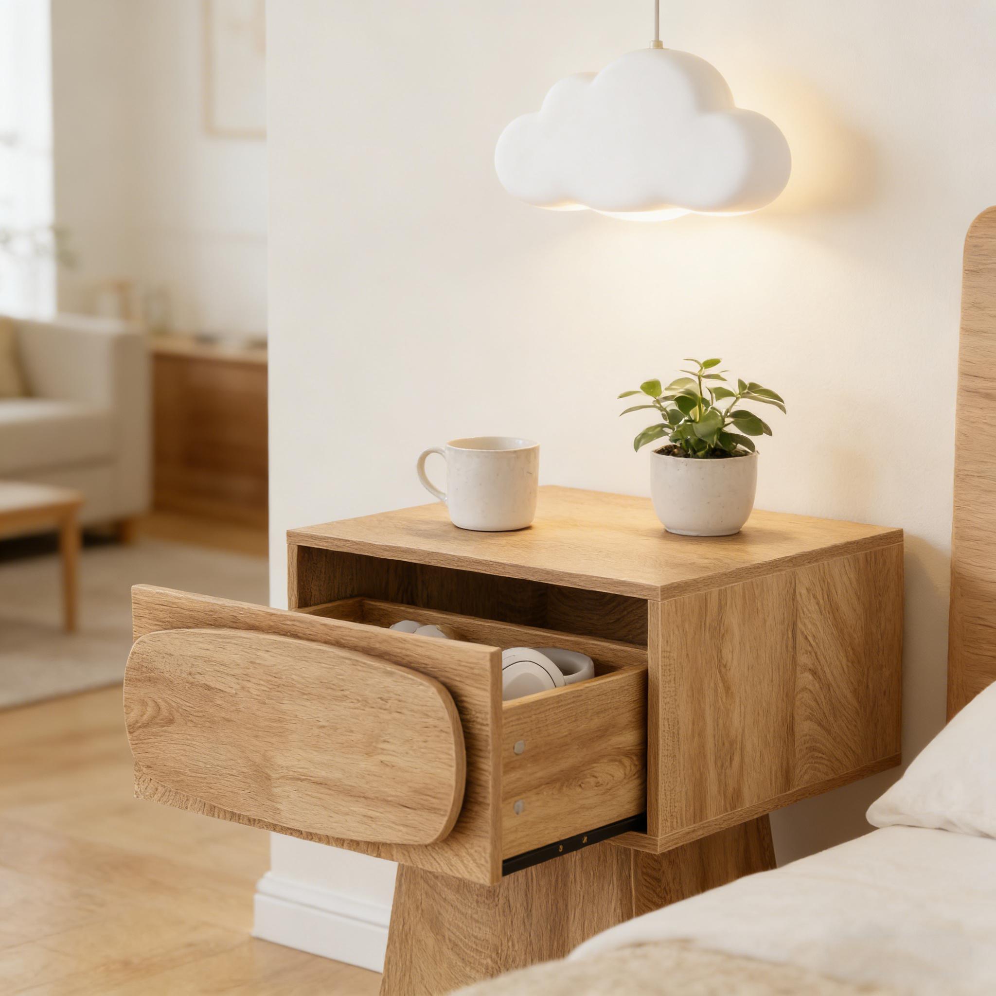 Handcrafted Wooden Side Table | Curved Drawer Design | Natural Wood Accent Table