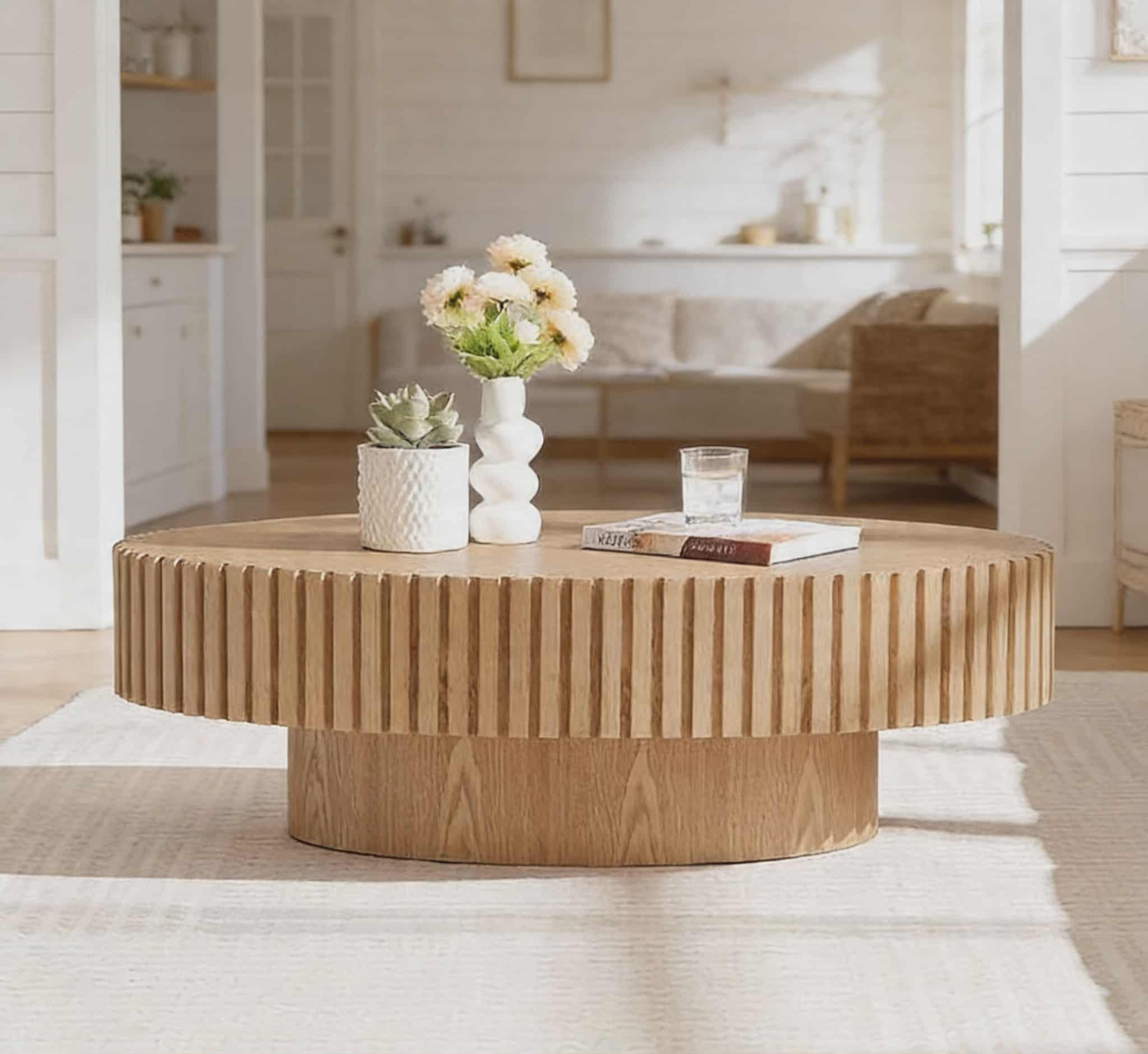 Handcrafted Round Fluted Coffee Table - Natural Wood Finish | Modern Minimalist Centerpiece