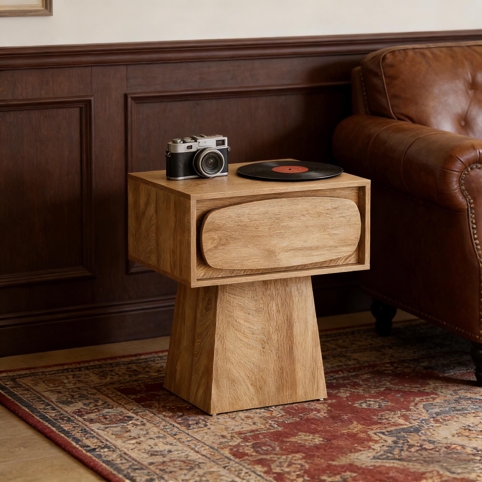 Handcrafted Wooden Side Table | Curved Drawer Design | Natural Wood Accent Table