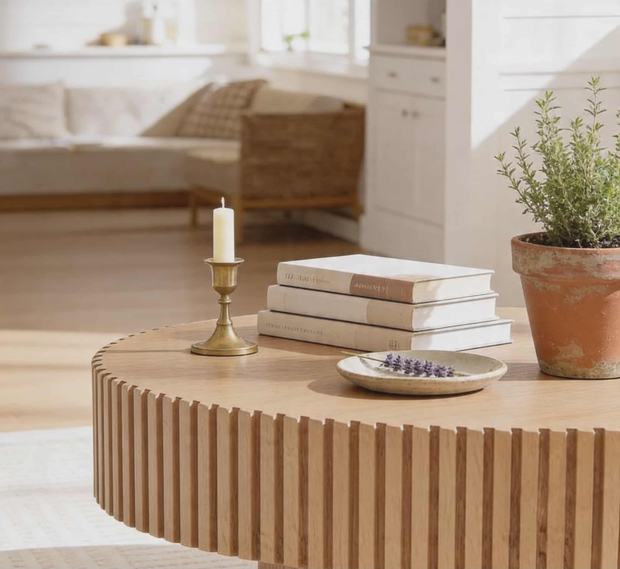 Handcrafted Round Fluted Coffee Table - Natural Wood Finish | Modern Minimalist Centerpiece