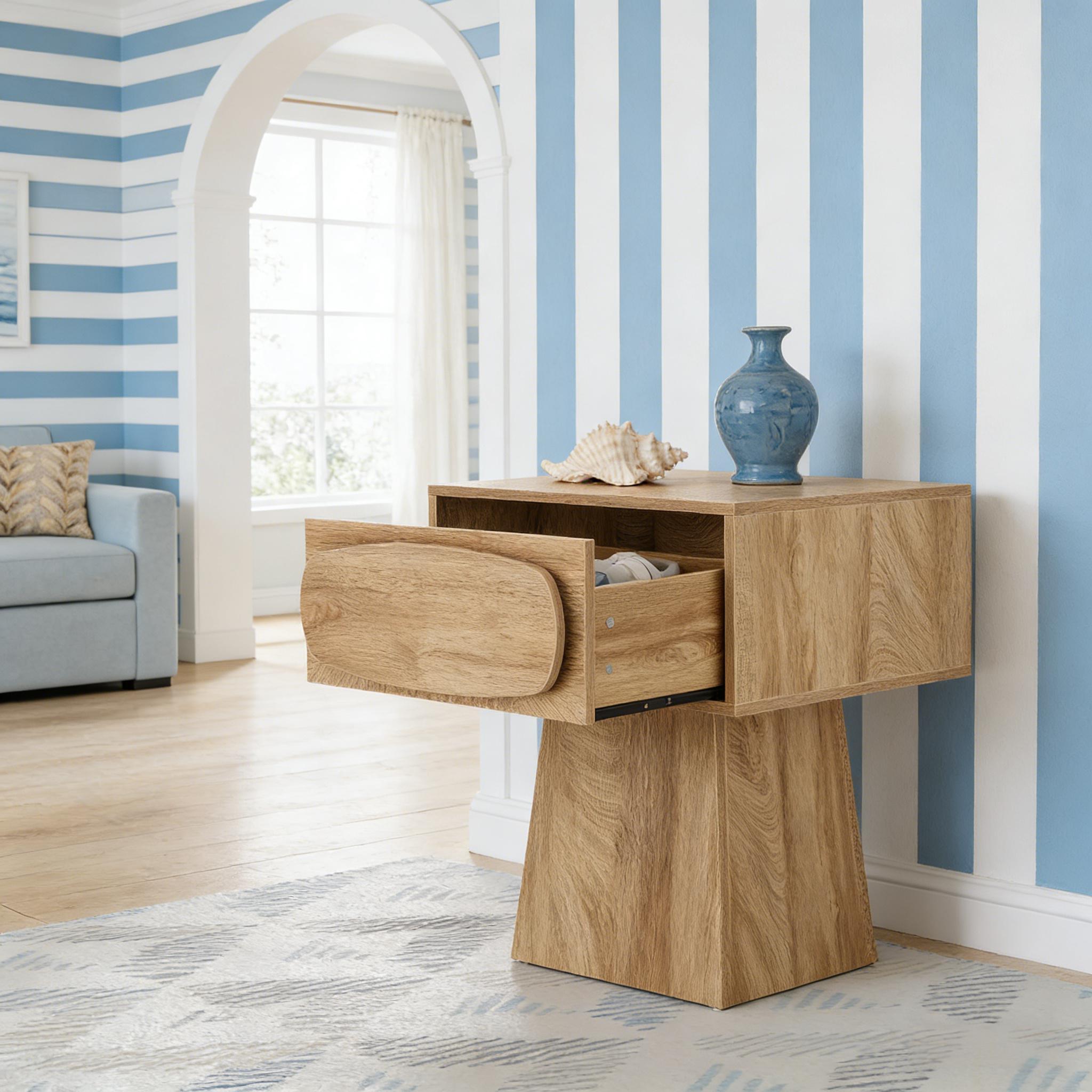 Handcrafted Wooden Side Table | Curved Drawer Design | Natural Wood Accent Table