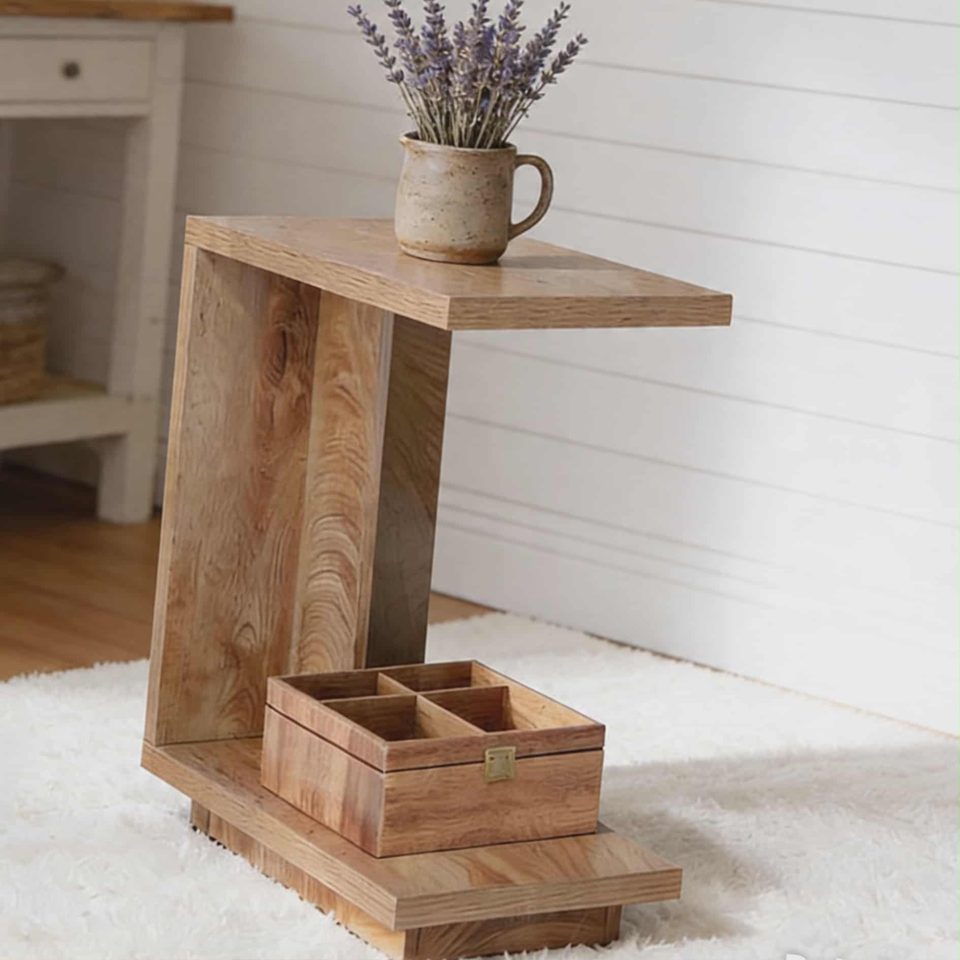 Handcrafted C-Shaped Side Table - Natural Wood Finish | Modern Sofa Side Table with Shelf