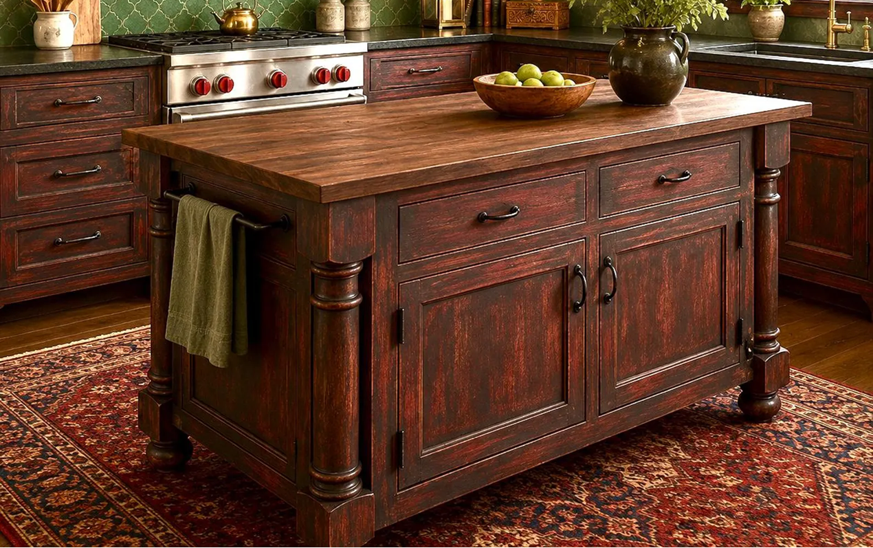 Vintage kitchen with wooden island, green backsplash, and rustic decor.