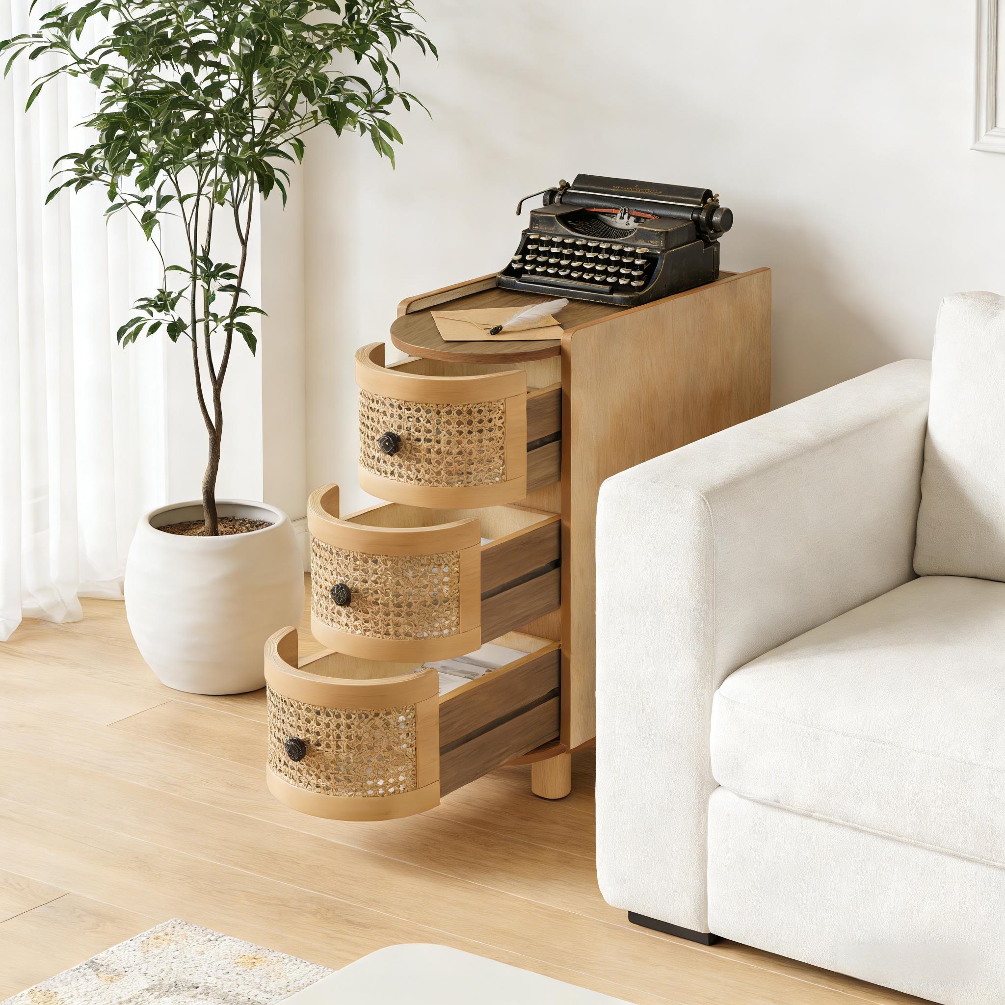 Handcrafted Rattan Drawer Cabinet | Natural Wood Accent Chest | Boho Modern Storage Unit