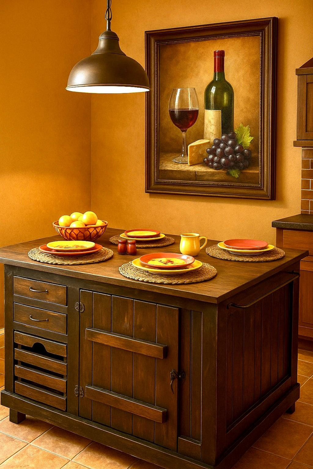 Distressed black Kitchen Island with storage and bookshelf