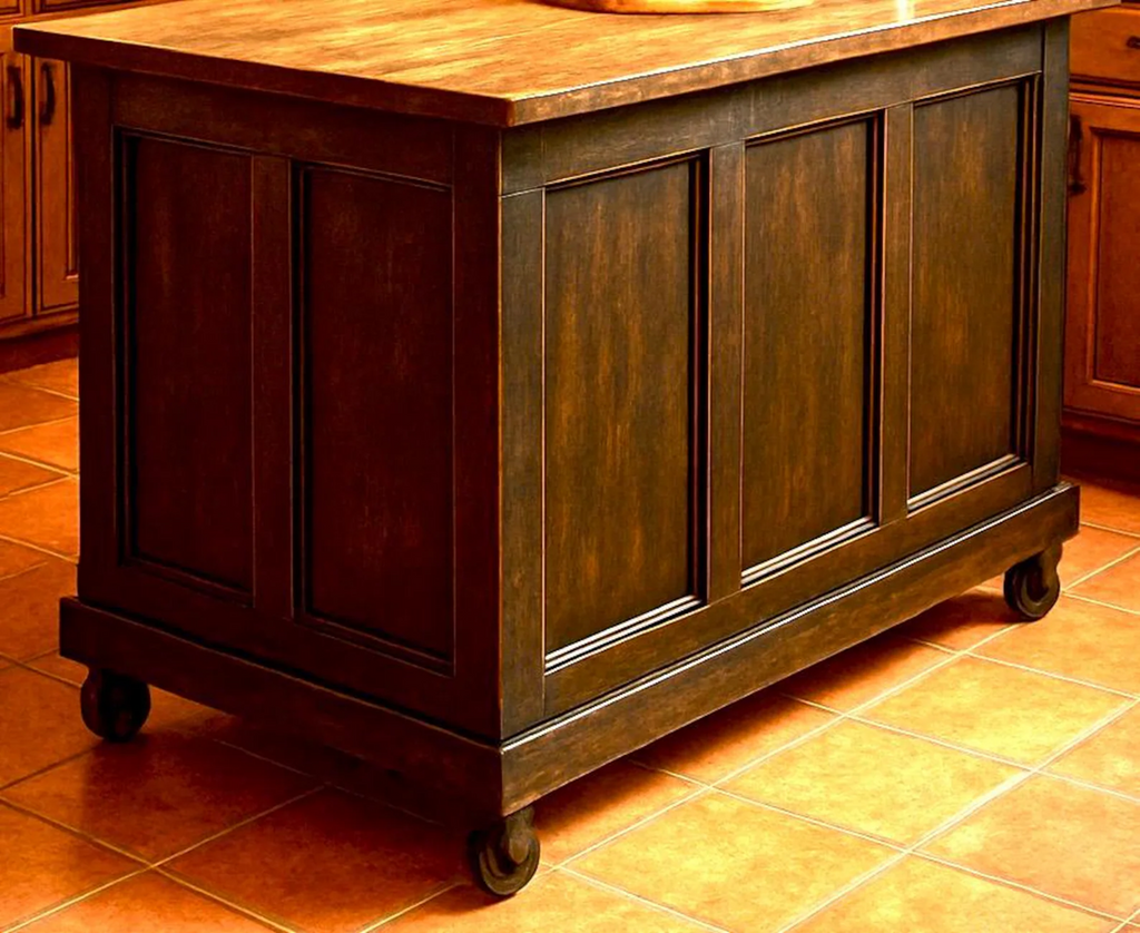 Distressed black Kitchen Island with storage and bookshelf