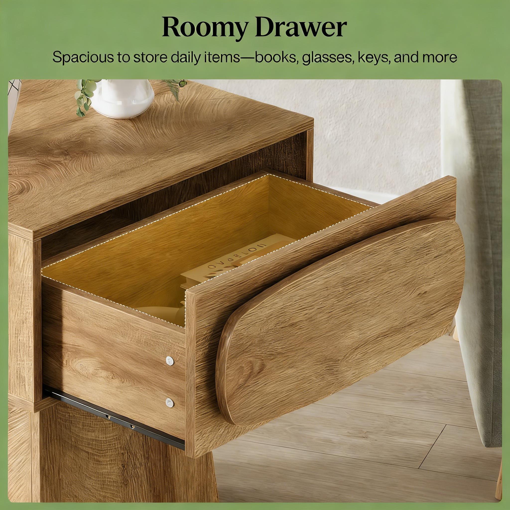 Handcrafted Wooden Side Table | Curved Drawer Design | Natural Wood Accent Table