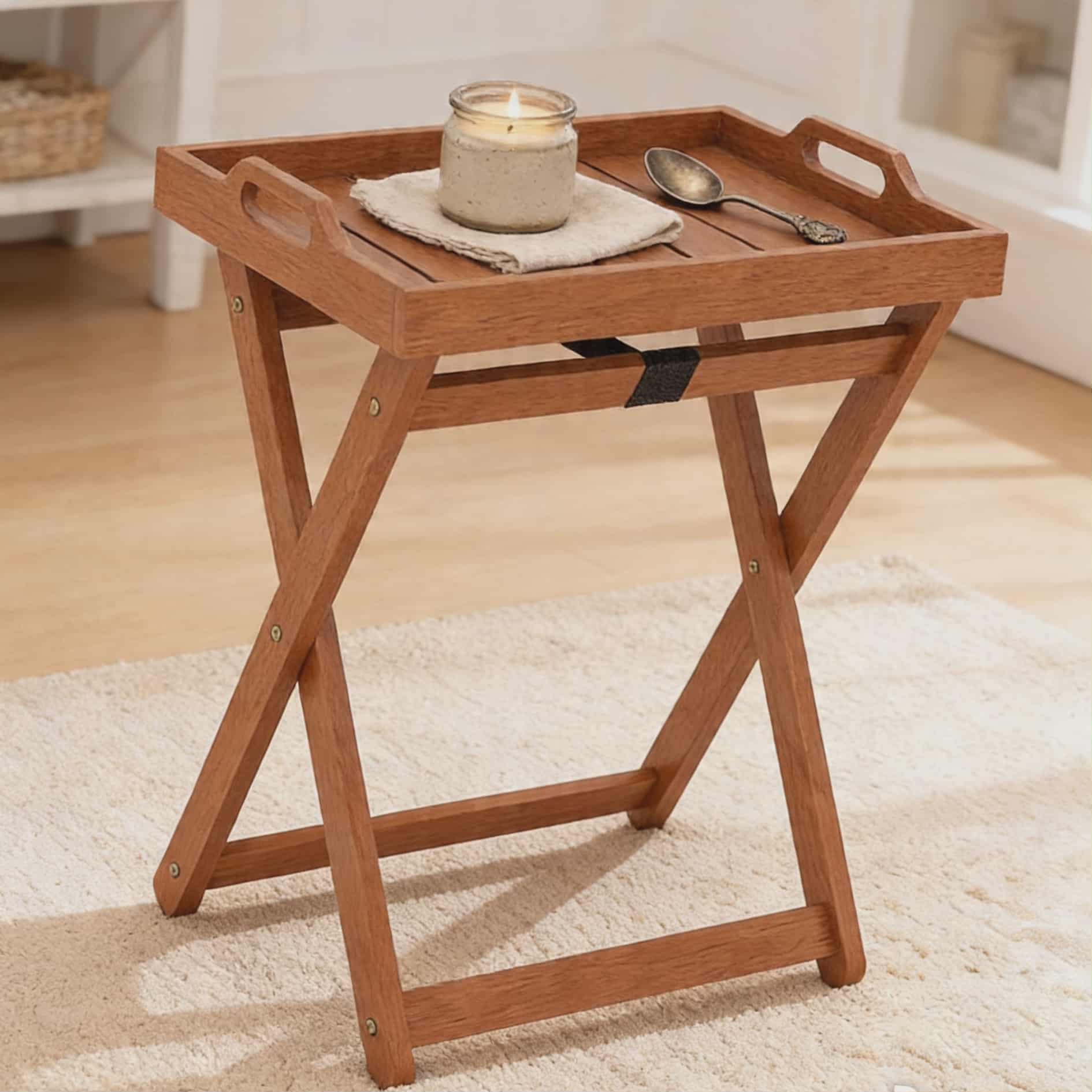 Handcrafted Folding Tray Side Table | Natural Wood Finish | Portable Accent Table