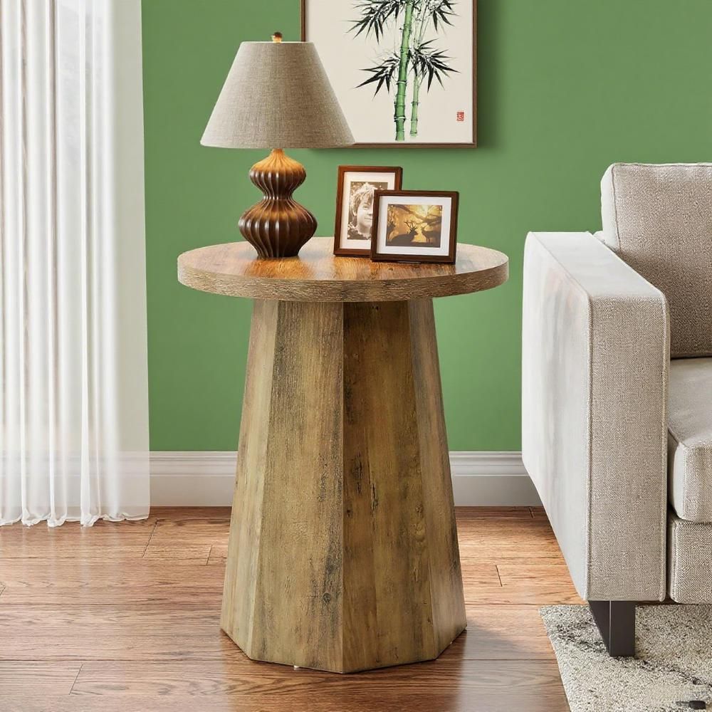 Handmade Round Pedestal Side Table | Natural Wood Finish | Rustic Modern Accent Table