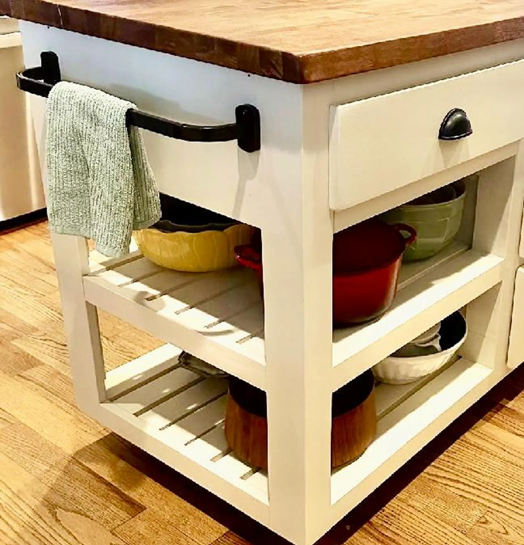 Solid Wood Kitchen Island – Urban & Farmhouse Style with Shelf and Drawer Storage