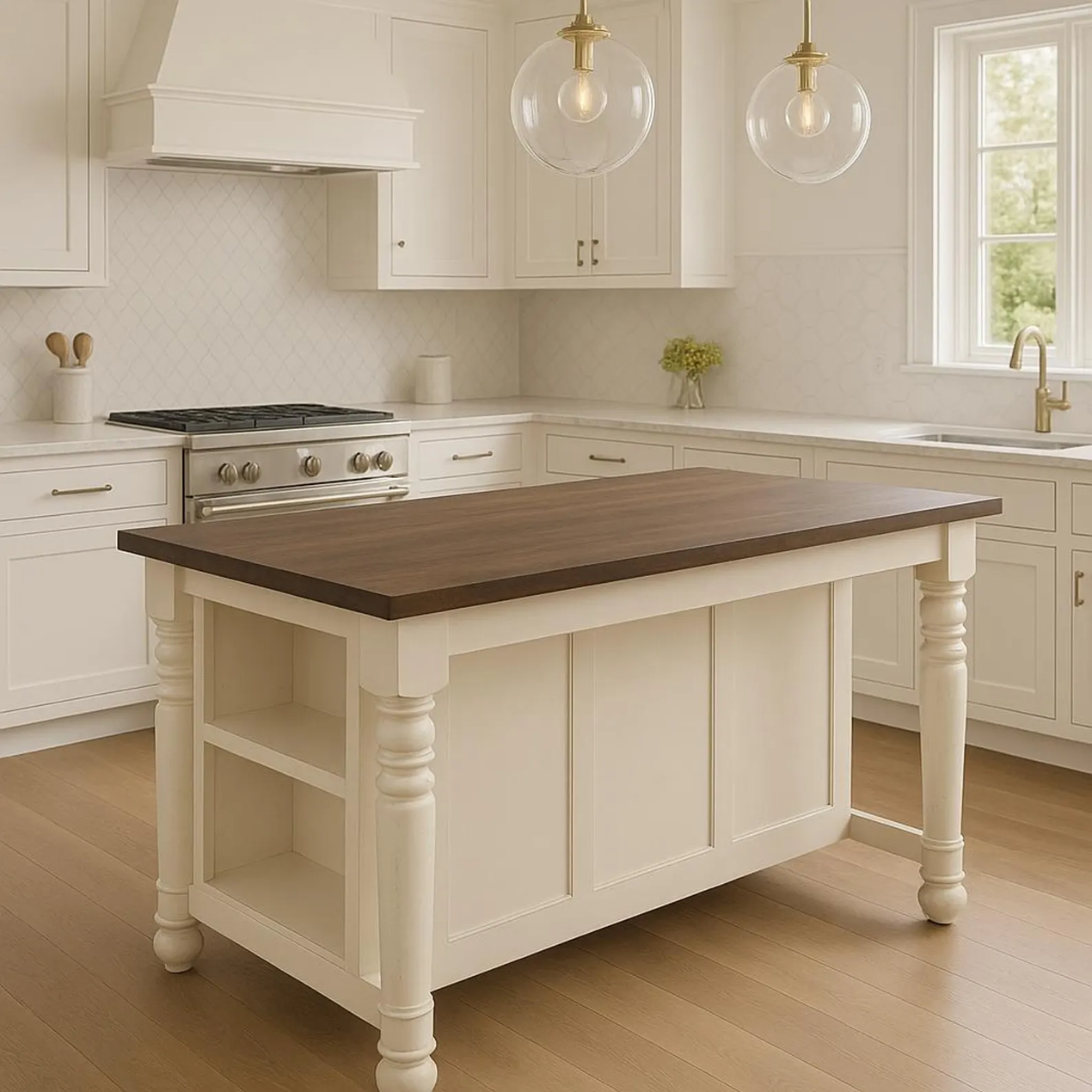 Modern Kitchen Design – Solid Wood Island with Stool Storage