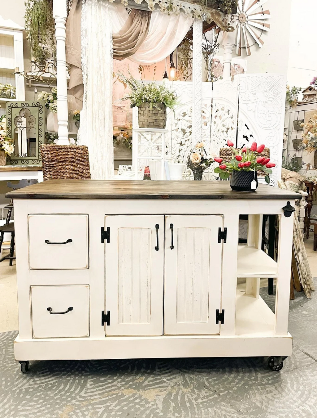 Kitchen Island Design – 2 Drawer Island Cart with Storage & Open Shelves
