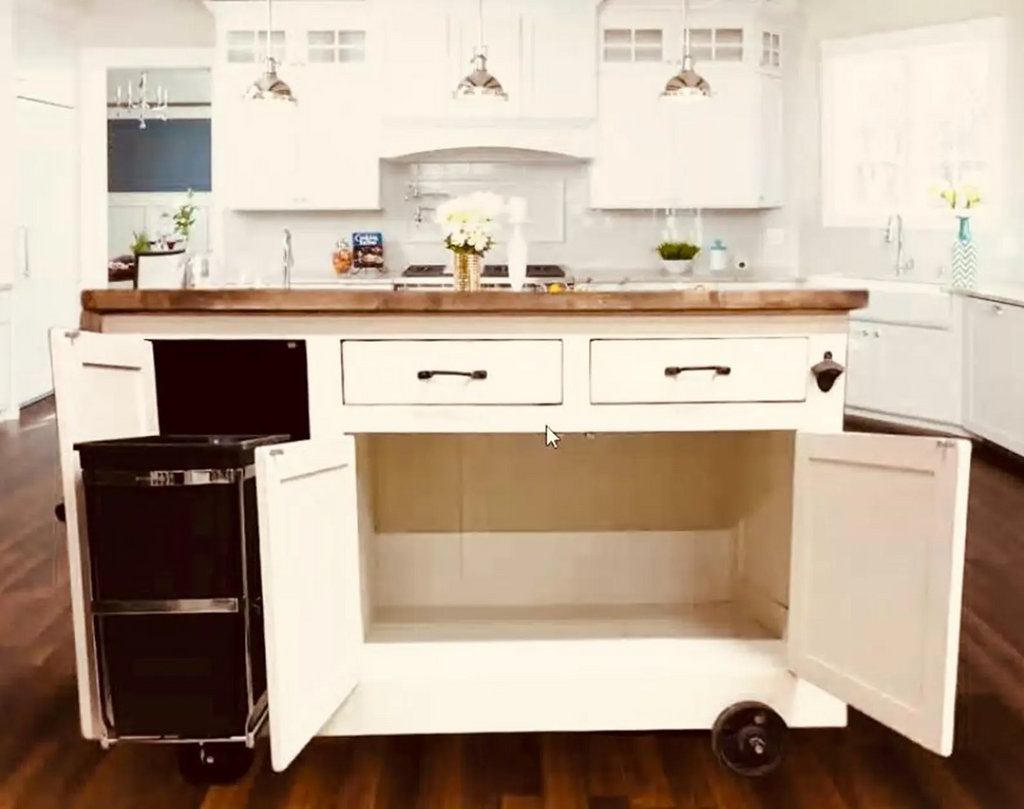 Kitchen Island Designs – Farmhouse Industrial with Roll Out Trash Container