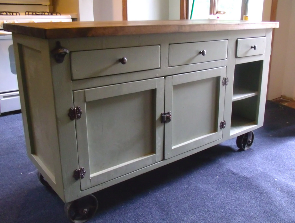 Mobile Kitchen Island – Farmhouse Industrial Solid Wood with Antique Copper Hardware