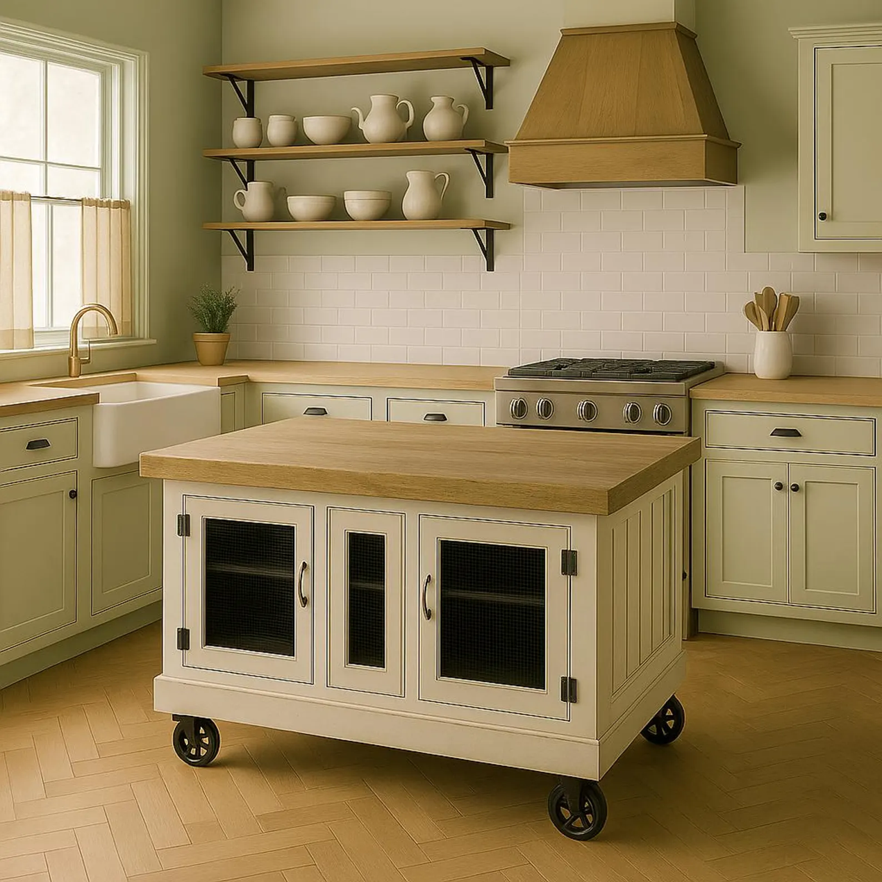 Steampunk Industrial Kitchen Island with Built-In Stool Storage