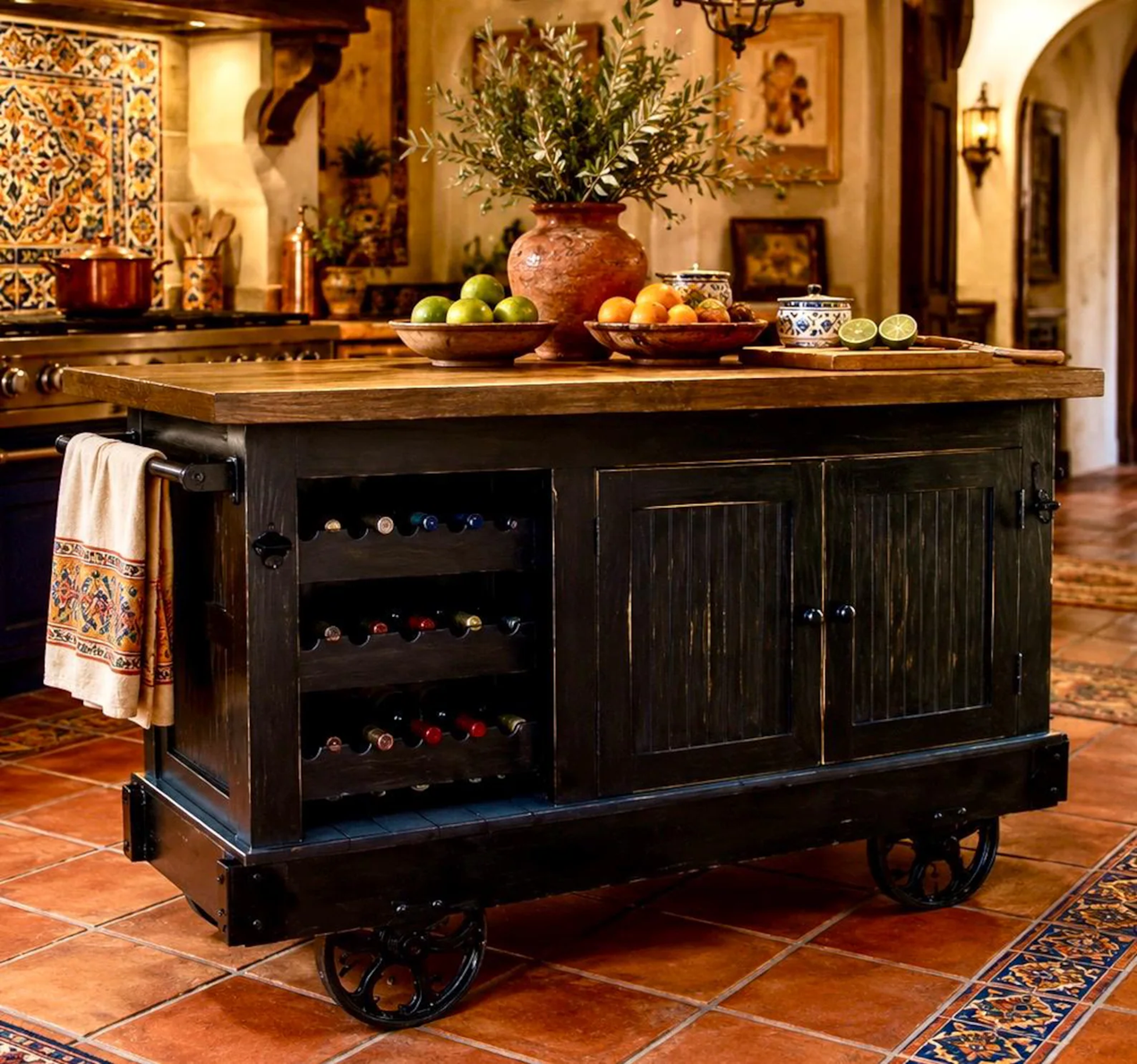 Rustic Spanish Style Rolling Kitchen Island | Farmhouse Kitchen Island Cart with Storage