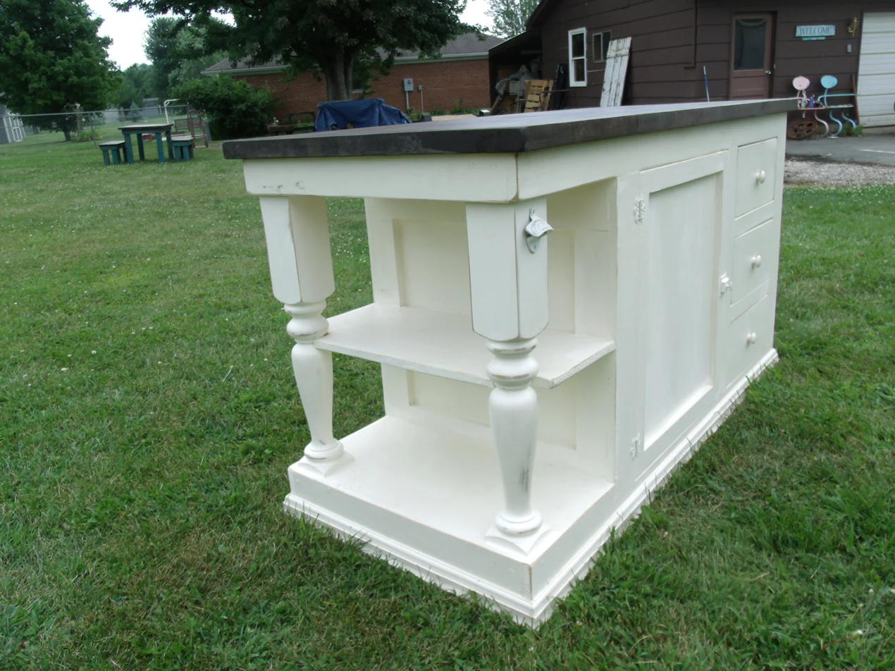 Rustic Farmhouse Three Drawer Kitchen Island with Storage Cabinet & Display Shelf