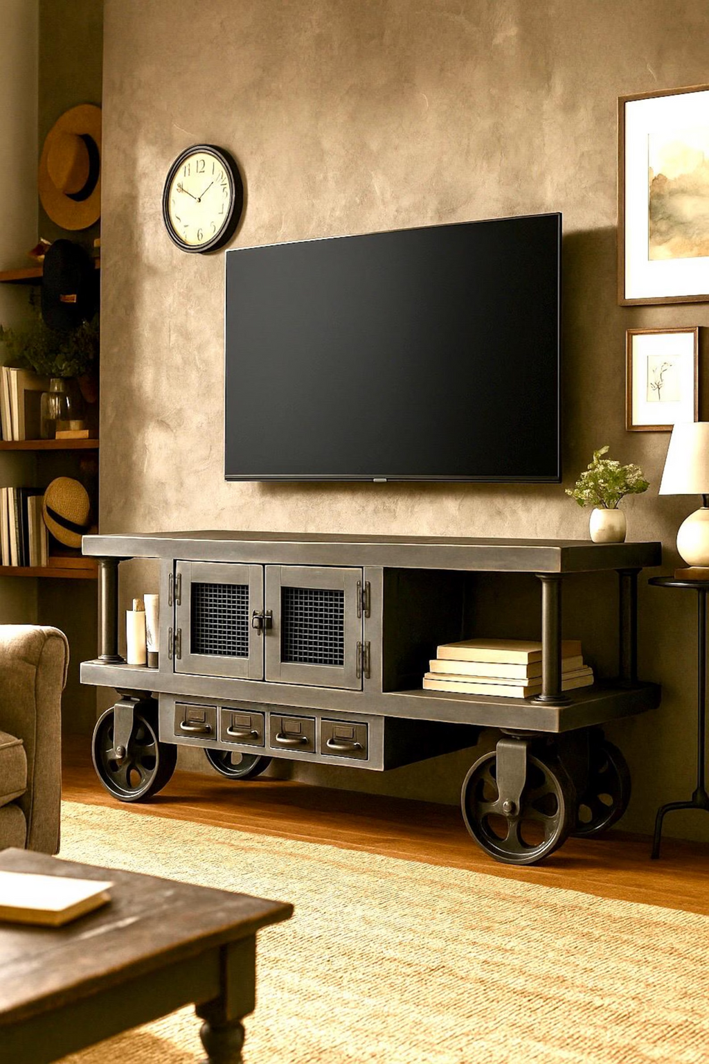 Steampunk Industrial Media Console Cart