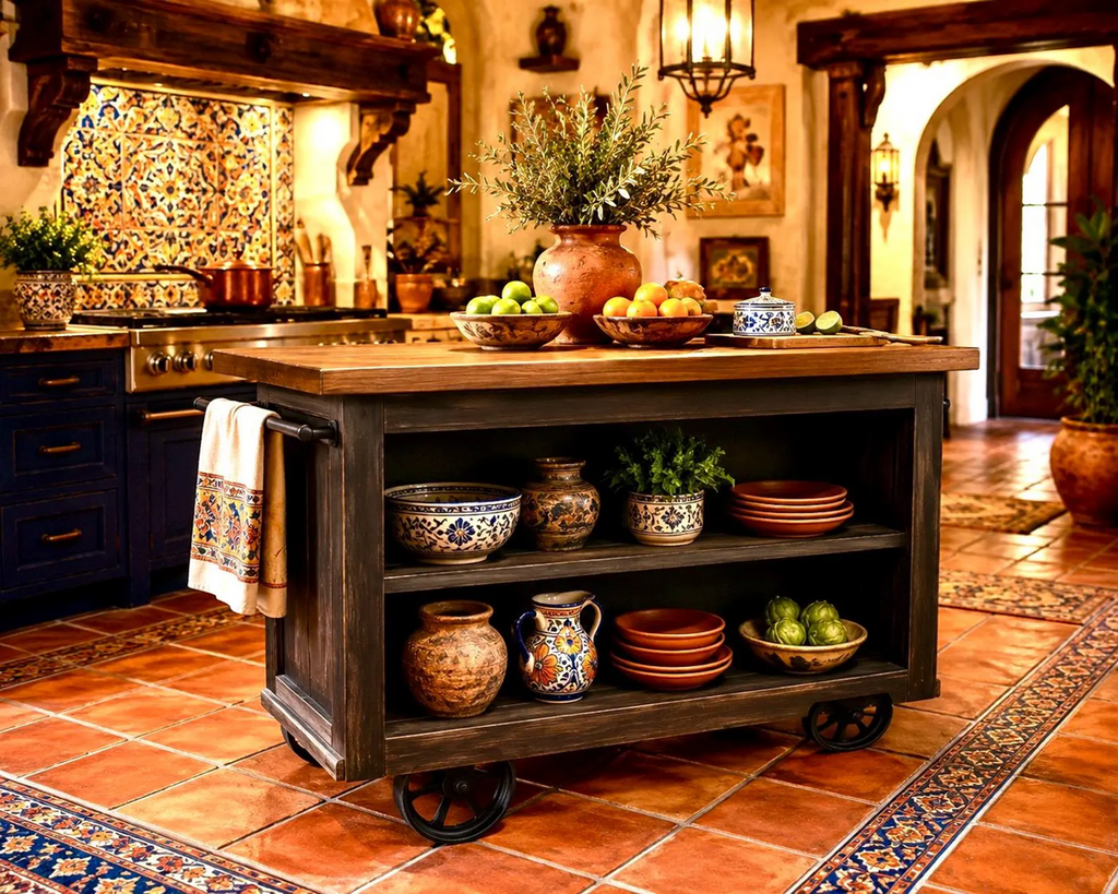 Rustic Spanish Style Rolling Kitchen Island | Farmhouse Kitchen Island Cart with Storage